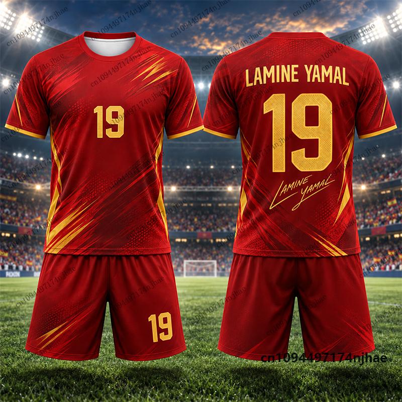 Tuta da Ginnastica per Bambini Spagna Tifosi Yamal #19 Stampa Maglietta+Pantaloncini Set Tuta Sportiva Calcio Allenamento Bambini/Adulti Completi 2 Pezzi