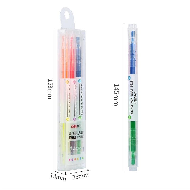 DELI Dual Tip Highlighter 3Pcs/Bag 6 Colors Double Headed Highlight Marker Pen Stationery