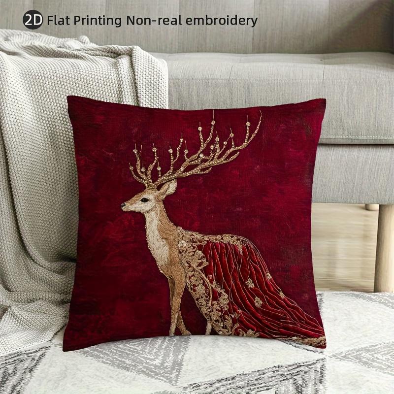 Luxury Red Golden Deer Pillow Cover 2D Faux Embroidery Print Cushion Case Christmas Festive Home Decor Gift