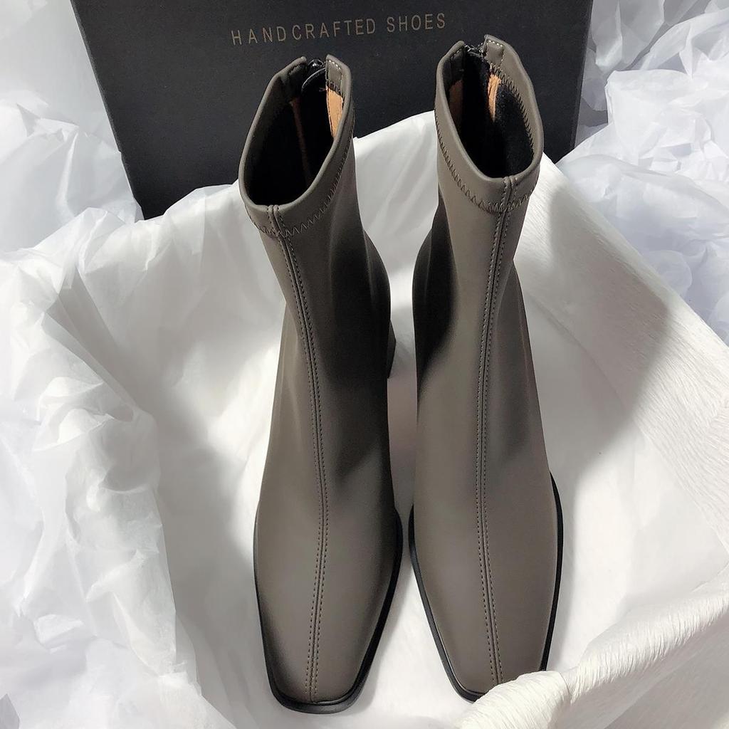 Square head thick heel elastic thin boots temperament versatile short boots 2025 autumn and winter new French soft leather high heels women