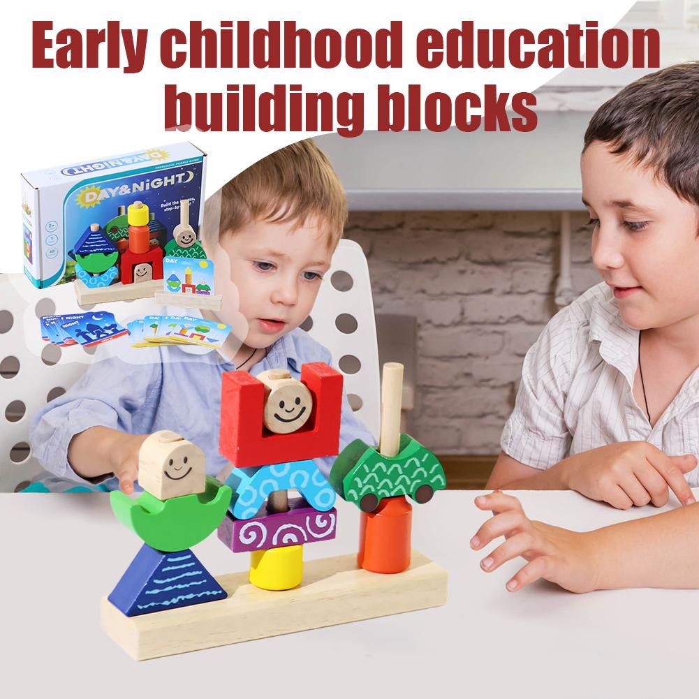 Wooden Blocks Stacked Shape Matching Game Logical Thinking Training Themed Games Creative Puzzle Day/Night Kids Toys H2A4
