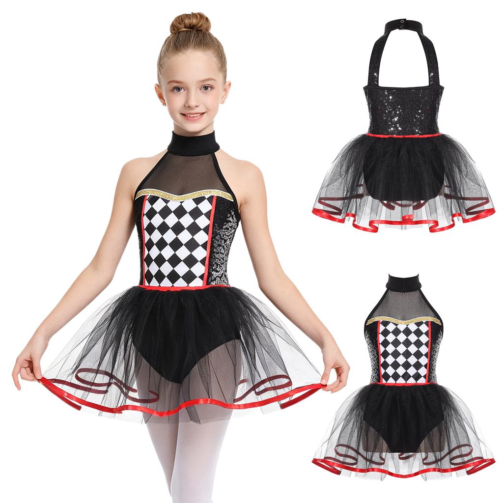 Girls Clown Tutu Dress Halter Neck Sequins Checkerboard Bodysuit Halloween Dancewear Costume