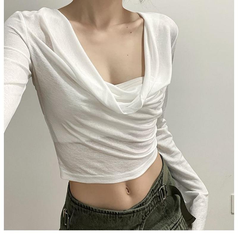 Summer Women Cowl Neck Hooded Long Sleeve Ruched Crop Top S белый