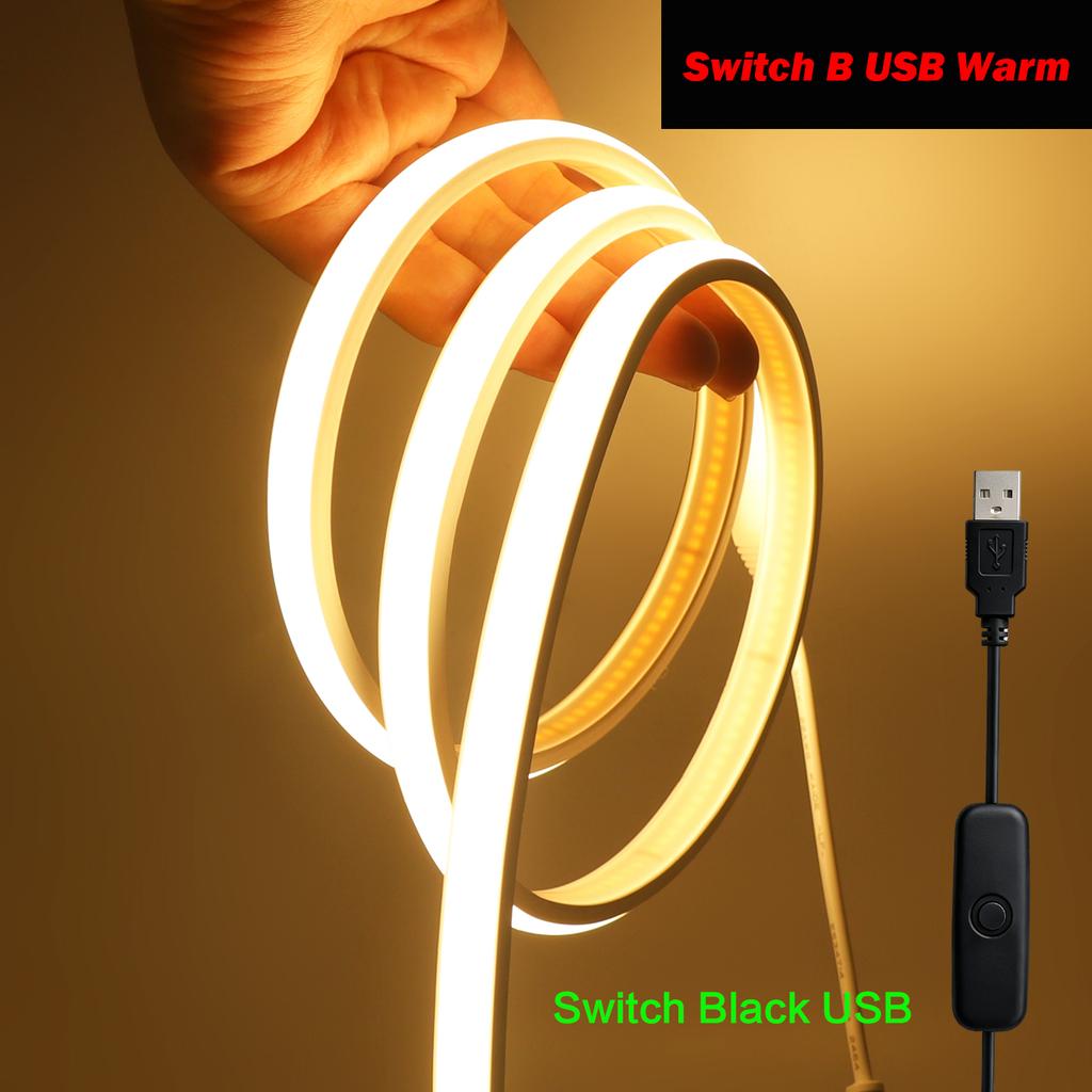 5v Dimmable COB LED Strip USB Dimmer Switch Touch White Natural Warm High Density Flexible Ribbon Tape 320LED/M Room Night Light