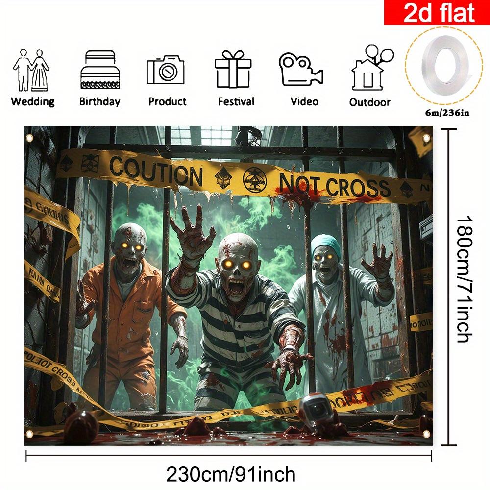 1 Halloween Polyester Flag, 2D Graphic Design, Terrifying Zombie Image with Glowing Eyes, Ghost Prison Scene