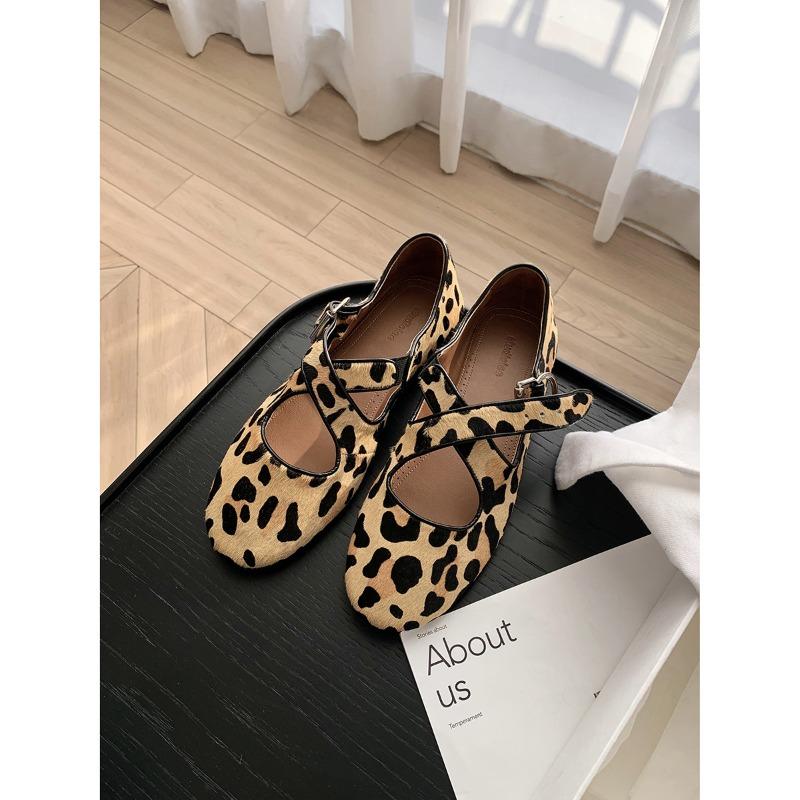 Sheepskin version leopard print shoes round head cross belt retro flat Mary Jane shoes women's shallow mouth versatile single shoes