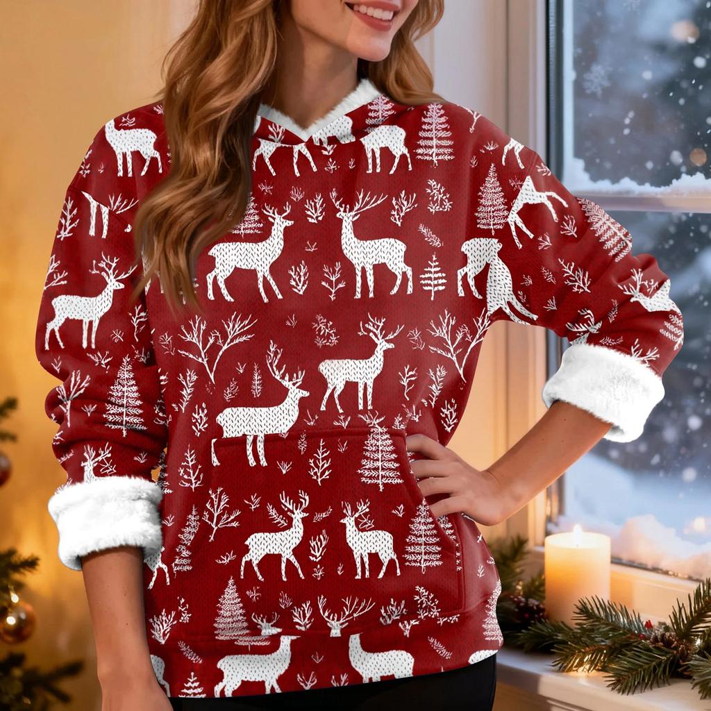 Women's Fashion Casual Long Sleeve Christmas Printed Hooded Sweatshirt