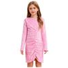 Girls Glitter Sequin Party Dress Long Sleeve Velvet Ruched Front Bodycon Gown for Birthday Prom