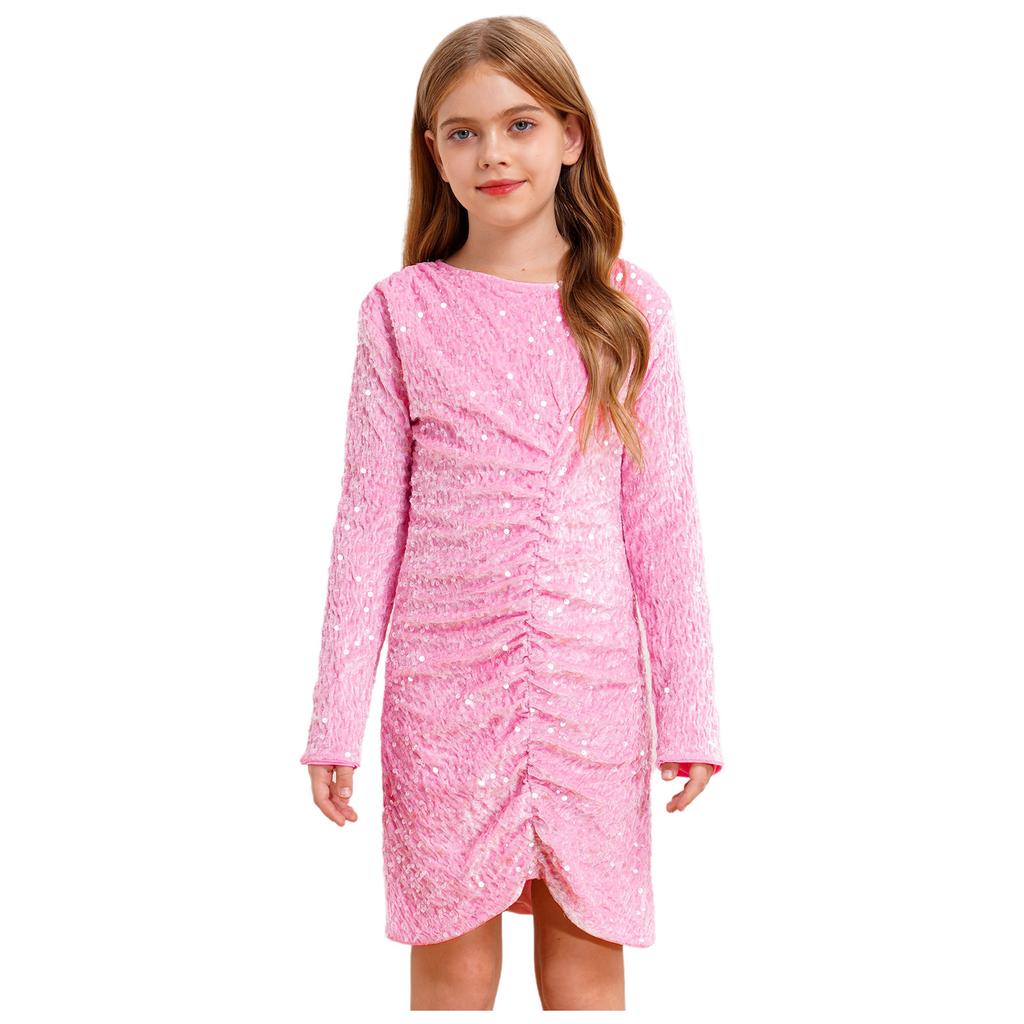 Girls Glitter Sequin Party Dress Long Sleeve Velvet Ruched Front Bodycon Gown for Birthday Prom