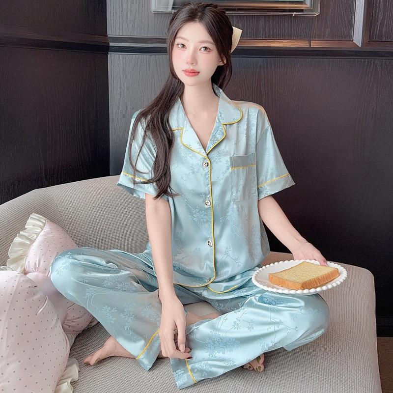 Sweet And Cool Girl Ice Silk Pajamas Women'S Summer Short-Sleeved Trousers Casual Lazy Style Loungewear Can Be Worn Outside