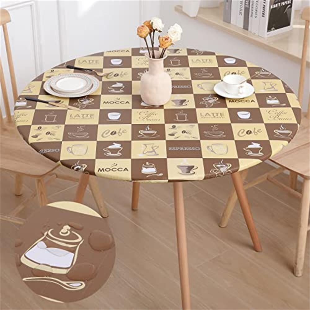 Olanly Elastic Round Table Cloth Fitted Flannel Backed Vinyl Tablecloth Waterproof Wipeable Dining Table Covers For Camping