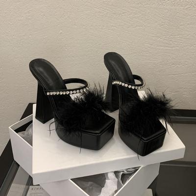 2025 New Super High Heels Nightclub Sexy Waterproof Table Thick Heel Sandals Rhinestone Slippers Model Catwalk Women's Shoes