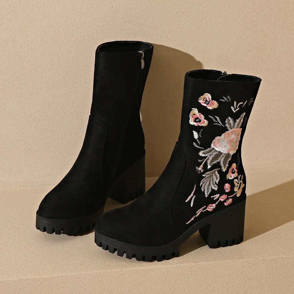 Ankle Boots for Women Fashion Embroidered Autumn Winter Fashion Woman Pointy Lace Up Mid-calf Short Booties Plus Size 42