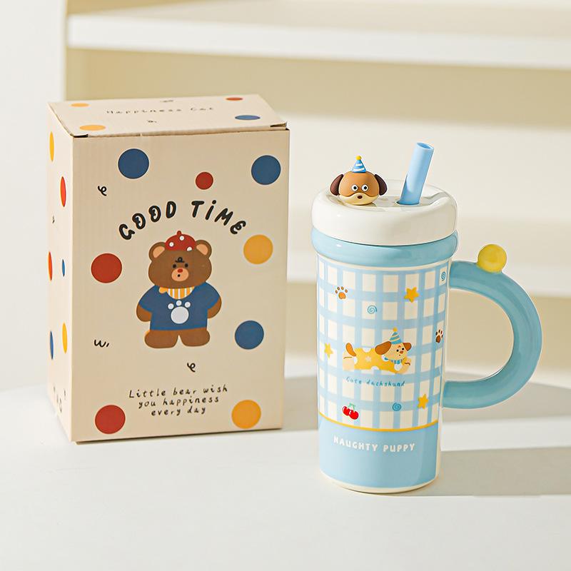 Large Capacity Cartoon Straw Cup with Lid Cute Mug High value Kitten Animal Ceramic Cup Set Gift