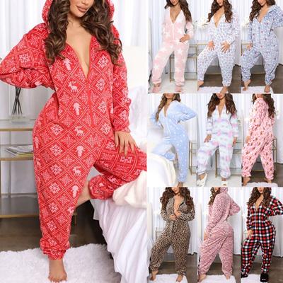 Weihnachtspyjamas Flanell Verdickter Einteiliger Pyjama Herbst und Winter Leopardenmuster Weihnachten Kapuzen Damen Home Service