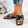 Women's Flat Sequined Sandals New Summer Square Toe Plus Size Slipper
