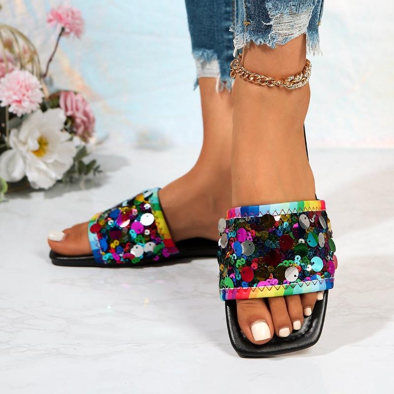 Women's Flat Sequined Sandals New Summer Square Toe Plus Size Slipper