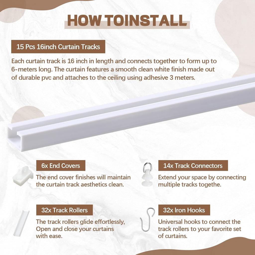 20 FT/240 IN Self Adhesive Ceiling Curtain Track Rail No Drill Rod Screws or Tools No Damage for Windows Cabinet Closet Bathroom Shower Curtain Room