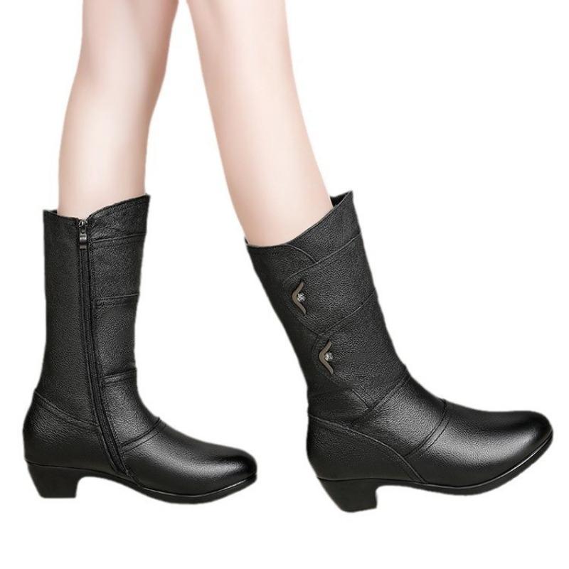 Winter New Medium Boots Fleece Thickened Thick Heel Mother Boots Side Zipper Women's Fashion Boots