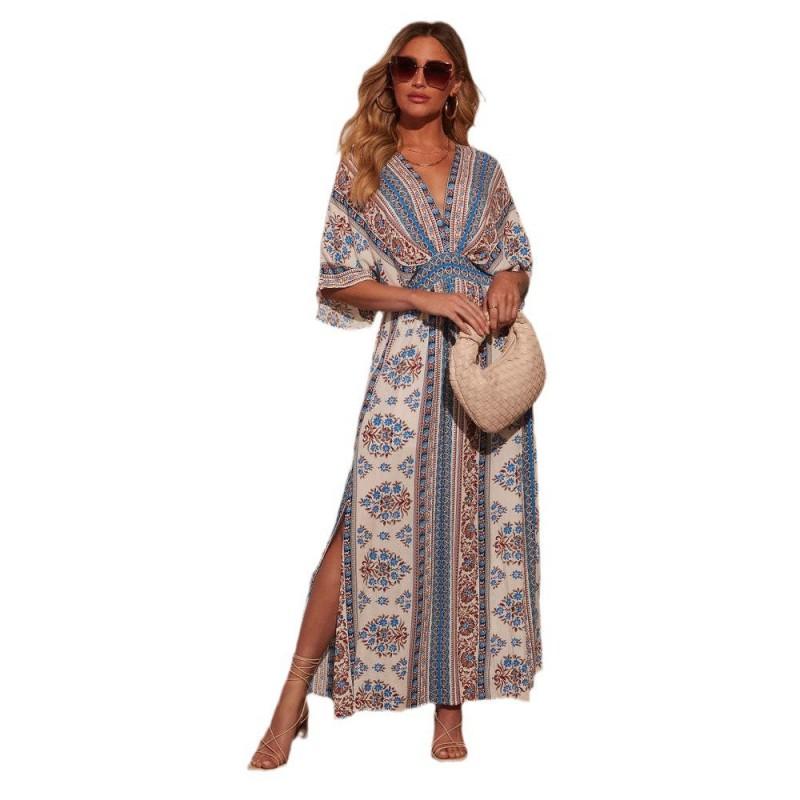 Womens V-Neck Long Dress Floral Print Short Sleeve A-Line Casual