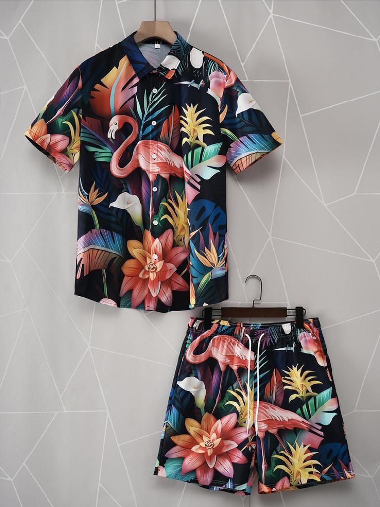 Men's Summer Palm Tree Tropical Plant Shirt Hawaiian Shirt 2-Piece Set Short Sleeve Shorts Lapel Tropical Fashion Casual Holiday