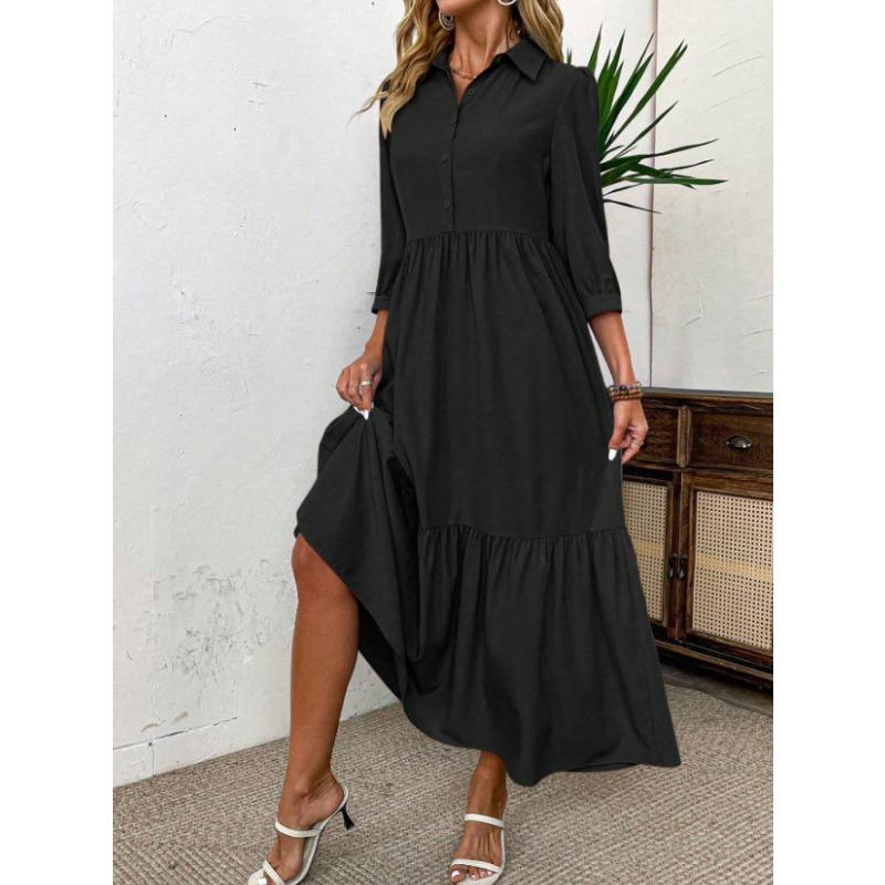 BITCED Fashion Summer Spring POLO Neck 3/4 Sleeves Solid Color Print Casual Dresses S