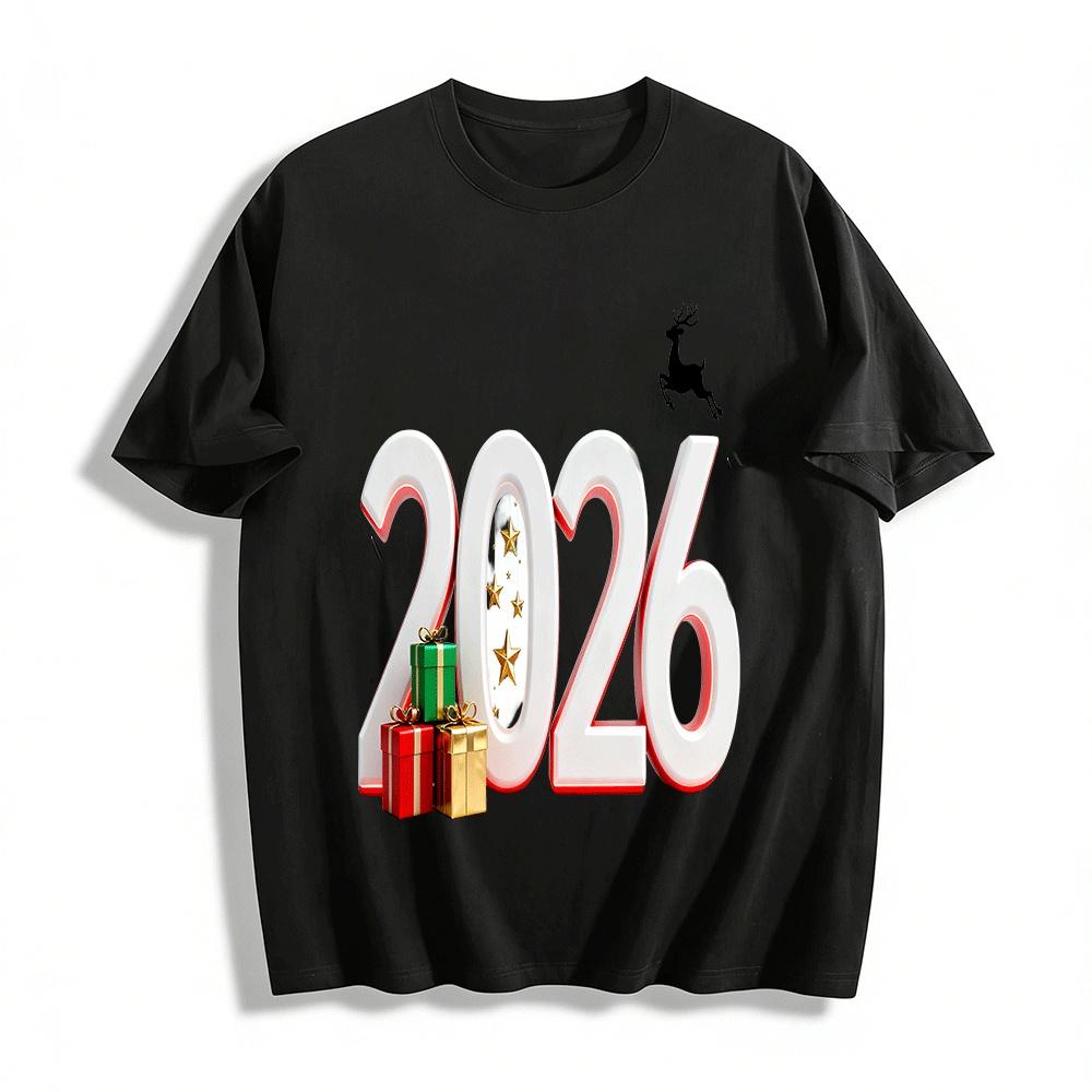 

2026 New Year Theme Elk Gift Print Casual Top Pure cotton T-shirt XXS