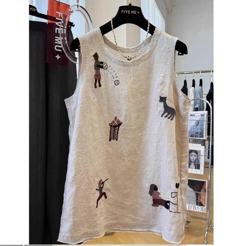 Women's Sleeveless Embroidered Cotton Linen Vest