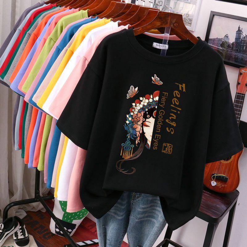 Kinesisk Stil Tryckt Kortärmad Dam Plus Size T-shirt Bomull L-5XL Topp Trendig Tryckt Enkel Vardaglig Dam Kortärmad T-shirt