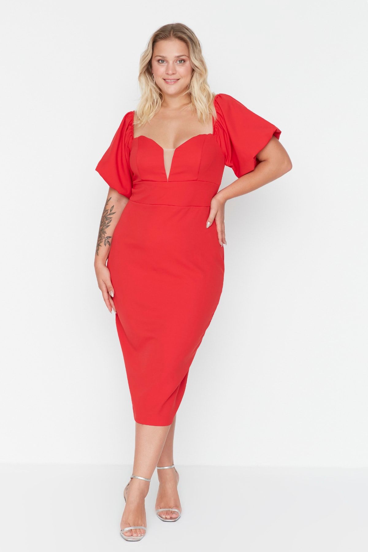 

Women s Plus Size Dress Red Fitted Woven Strapless Balloon Sleeve Woven Dress 2XL