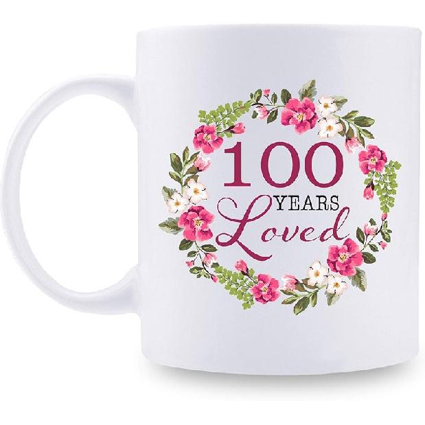 aiyaya 100th Birthday Gifts for Women - 100 Years Loved with A Garland Birthday Mug - 100 Year Old Present Ideas for Grandma, Mom, Sister, Wife, 100th Birthday Gift
