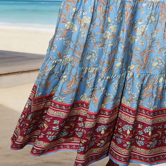 Beach Skirt Elastic High Waisted Skirt Ruffle Splicing A-Line Women Pleated Large Hem Floral Print Maxi