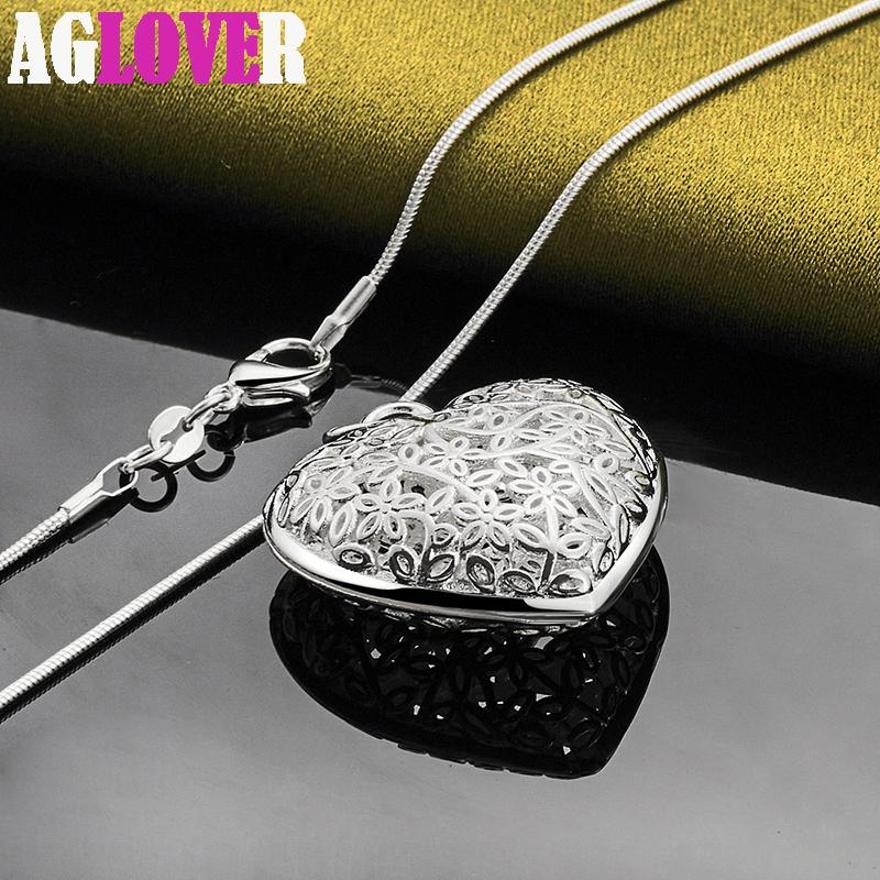 925 Sterling Silver Carved Heart Pendant Snake Chain Necklace Jewelry
