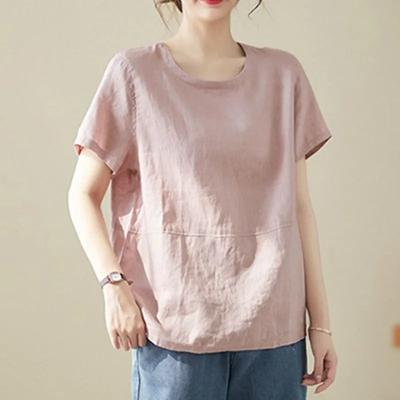 Camiseta de Verano de Algodón y Lino de Manga Corta para Mujer Top Suelto Sencillo