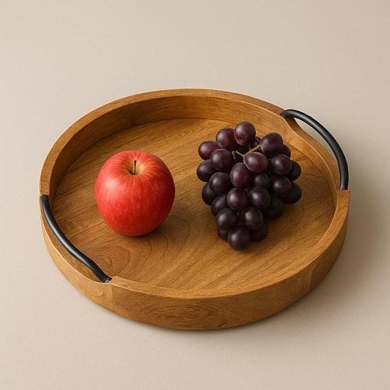 Round Wooden Serving Tray 25.4 cm Brown Wood Platter with Handles Rustic Decorative Tray for Coffee Table, Kitchen, Dining