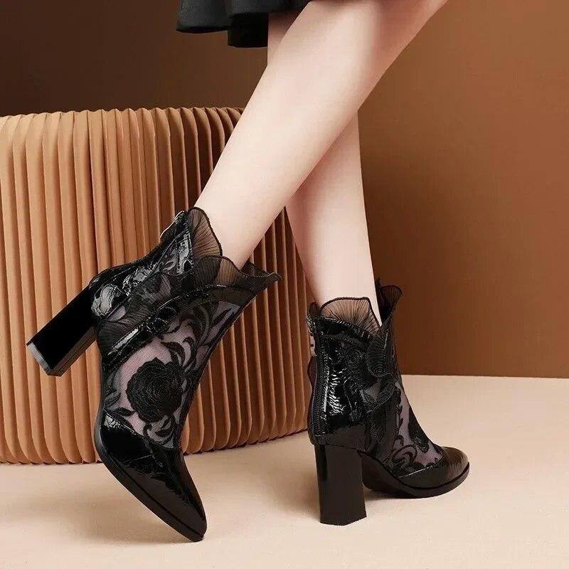 

Женские ботильоны на высоком каблуке с кружевом в этническом стиле, осенние женские короткие ботинки на платформе с острым носком, туфли-лодочки на толстом каблуке, Zapatos 40 чёрный