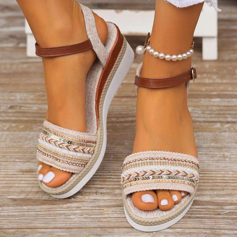 Fashion Straw Woven Rhinestone Sparkling Slope Heel Thick Soled Sandals 2025 Summer New Simple Fashion Buckle High Heels  Women Shoes