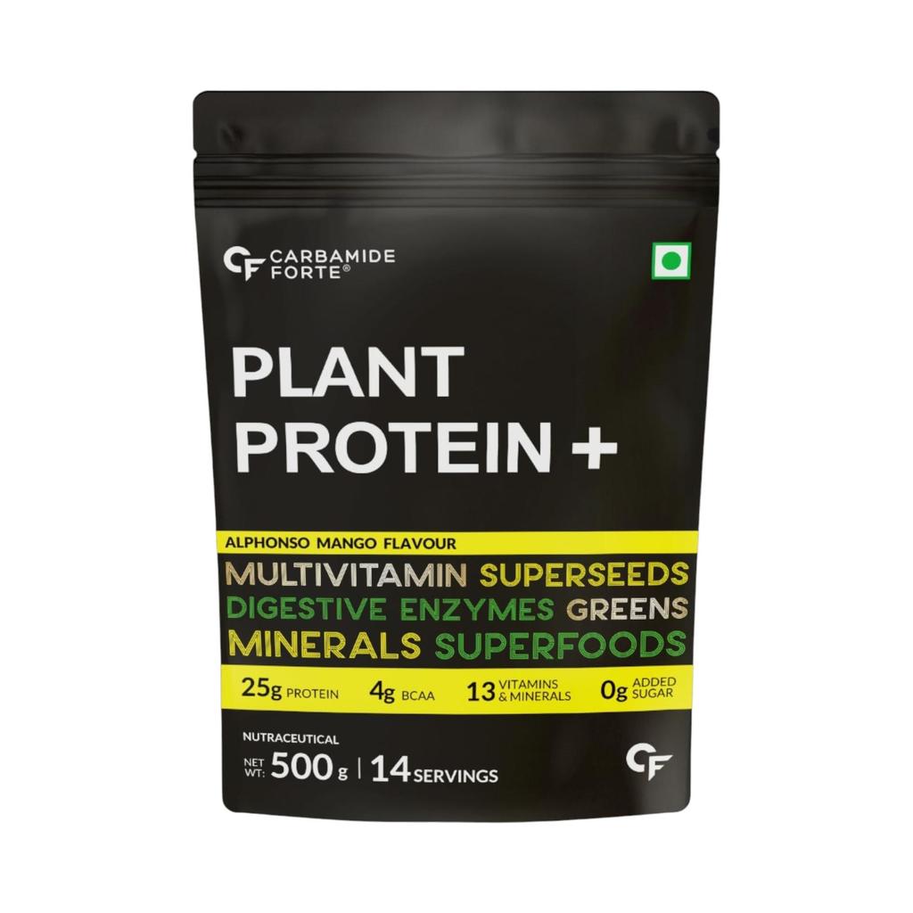 Carbamide Forte Vegan Protein Powder 500g - Plant Based Mango Protein with Multivitamins & Digestive Enzymes