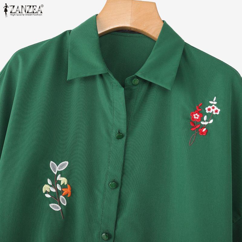 ZANZEA Women Casual Turn Down Collar Floral Embroidery Summer Short Sleeve Dress