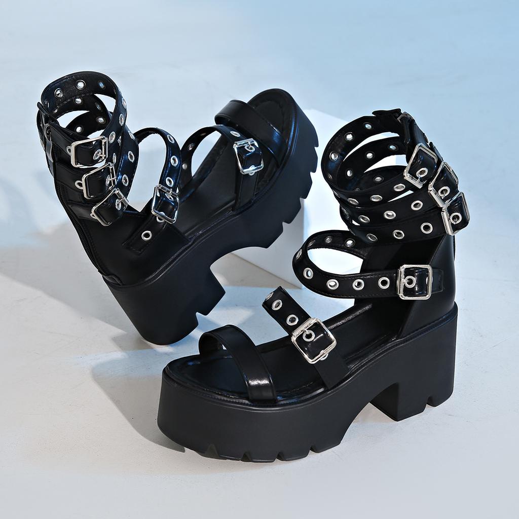 Fashion 2025 Summer Gladiator Sandals Women Metal Rivet Punk Streetwear Wedge Square Heels Platform Ankle Buckle Strap High Quality