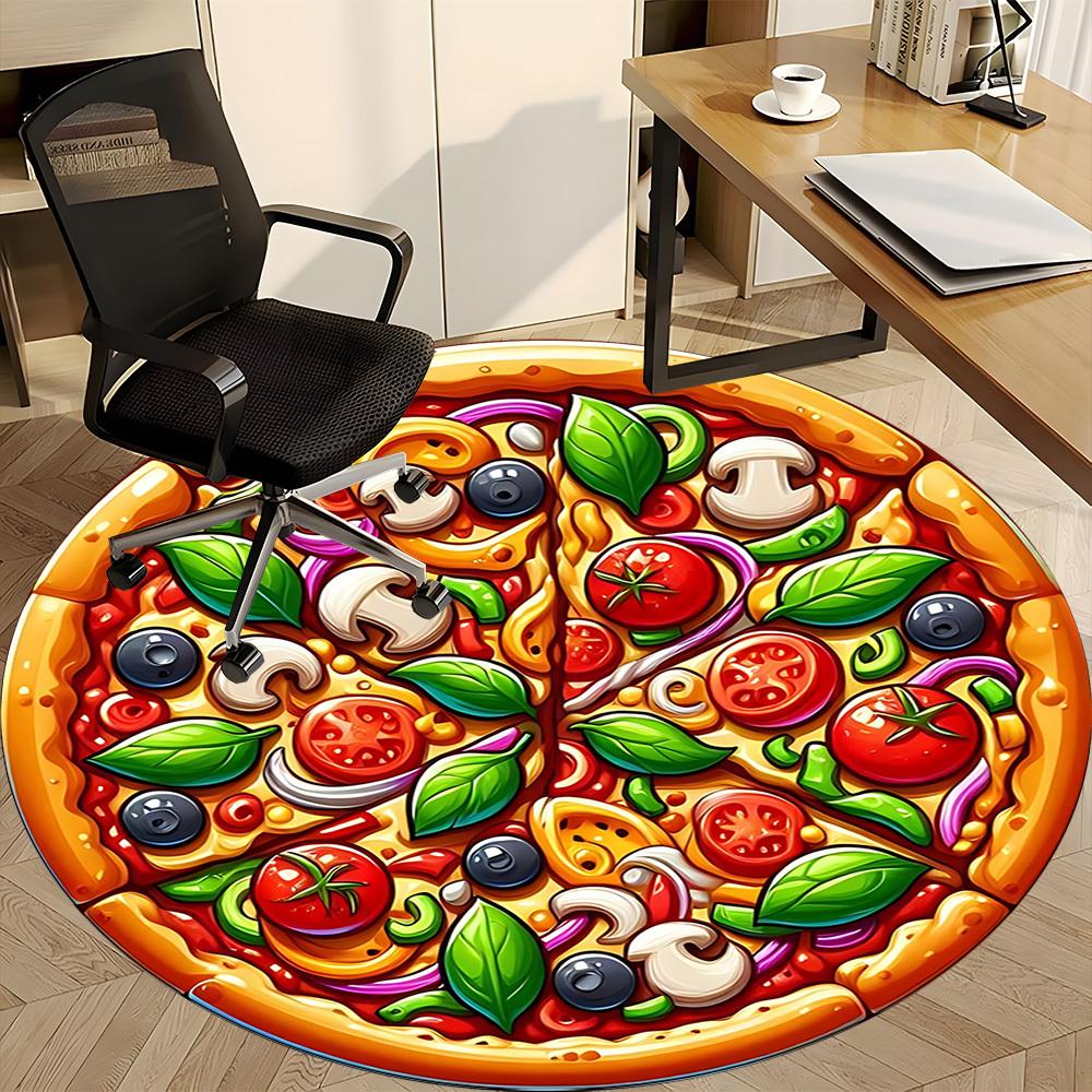 1pc Pizza Print Chair Carpet for Office, Round Polyester Mat, Indoor Decor for Office, Easycare Fabric, Washable Non-slip Area Carpet