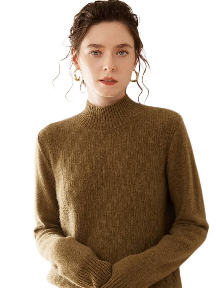 Women's Cashmere Knit Pullover: Vertical Stripe, Half-High Collar, Thickened, Warm, Long-Sleeved, Solid Color Base Layer