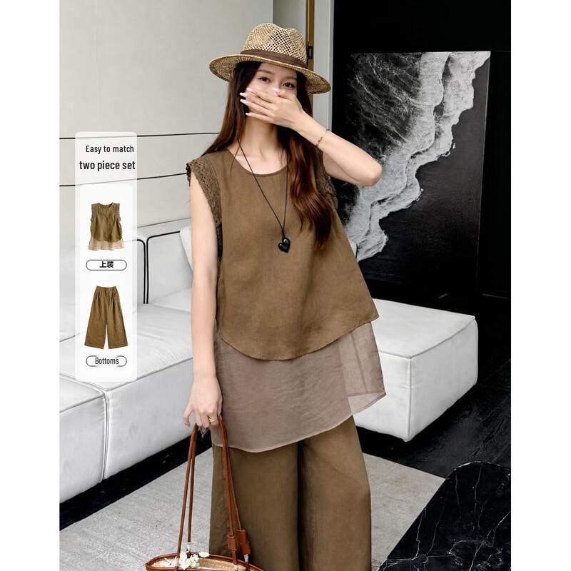 Women's Linen Blend Lace Patchwork Two-Piece Set