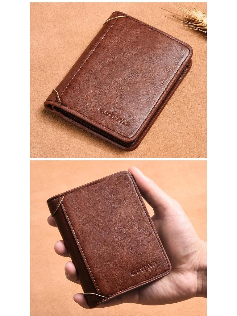 Men's Cross-Border Slim Tri-Fold Leather Wallet with ID and Card Holder