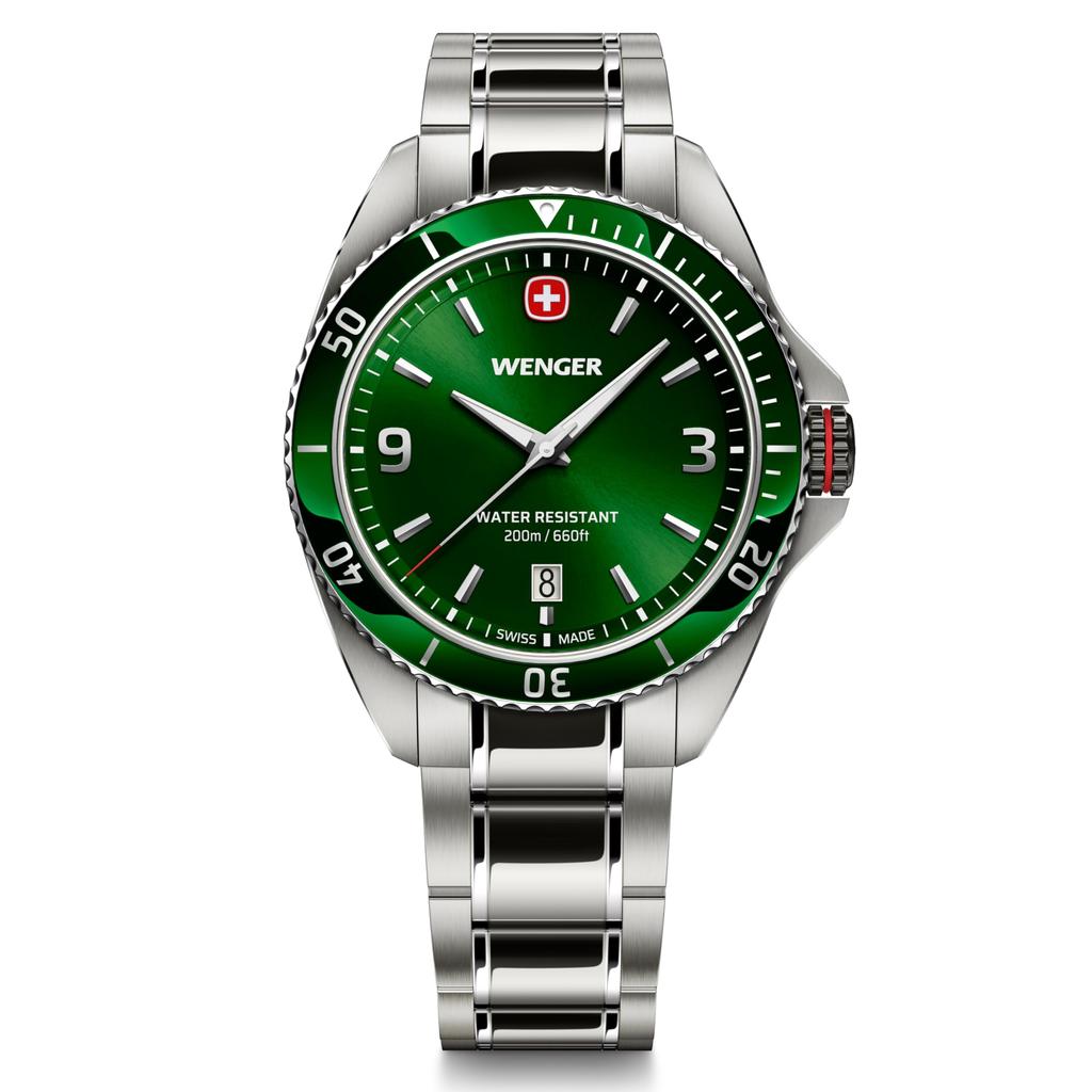 WENGER EXECUTIVE Men's Watch, Stainless Steel Case (316L), Green Dial, Stainless Steel Bracelet, Quartz Movement, 200m Water Resistance, 3-Year