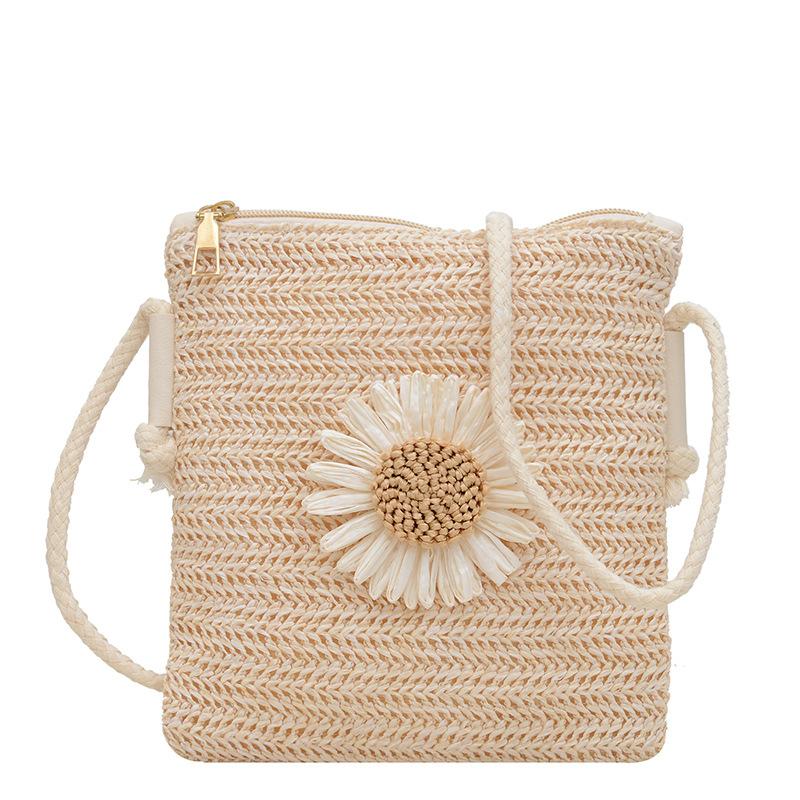 Casual Simple Woven Flower Straw Mini Shoulder Phone Bag For Women Students