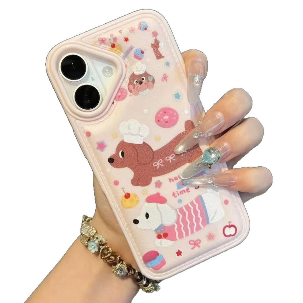 Dessert Dachshund Bulge Bag Suitable for Apple 16/17promax Mobile Phone Case IP15 Leather Pattern Air Cushion 14Pro Cute