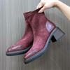Fashion Luxury Faux Suede Leather Patch Stretch Boots Women Side Zipper Design Chunky Heel Ankle Boots Autumn Warm Burgundy Botas Mujer