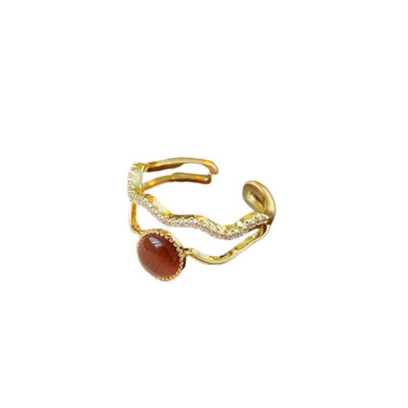 Gold Plated Zircon Cat's Eye Double Layer Retro Ring