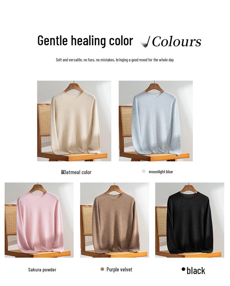 Women's 100% Cashmere Round Neck Loose Pullover Sweater, Long Sleeve, Solid Color Knitwear for Autumn/Winter